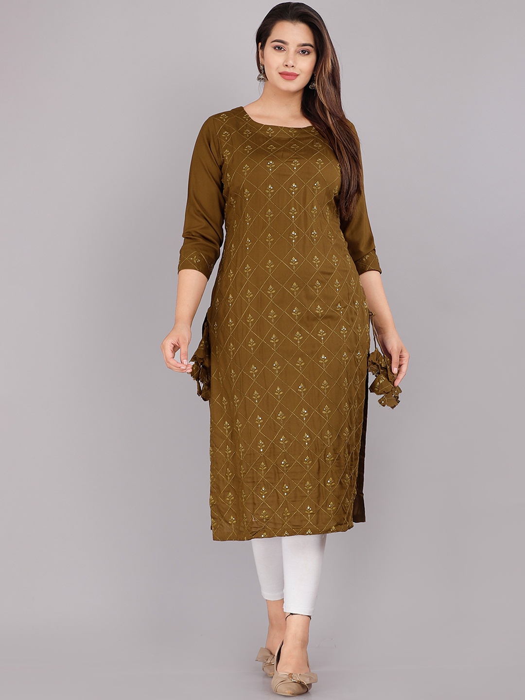 

KALINI Women Olive Green Ethnic Motifs Thread Work Kurta