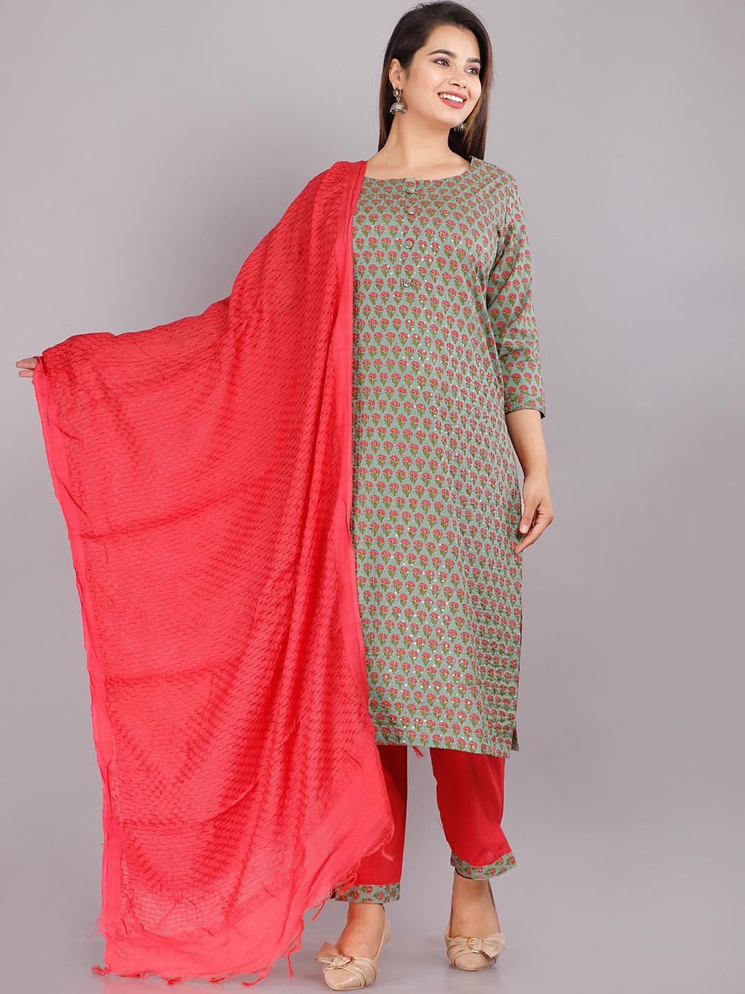 

KALINI Women Green Floral Printed Pure Cotton Kurta with Trousers & With Dupatta