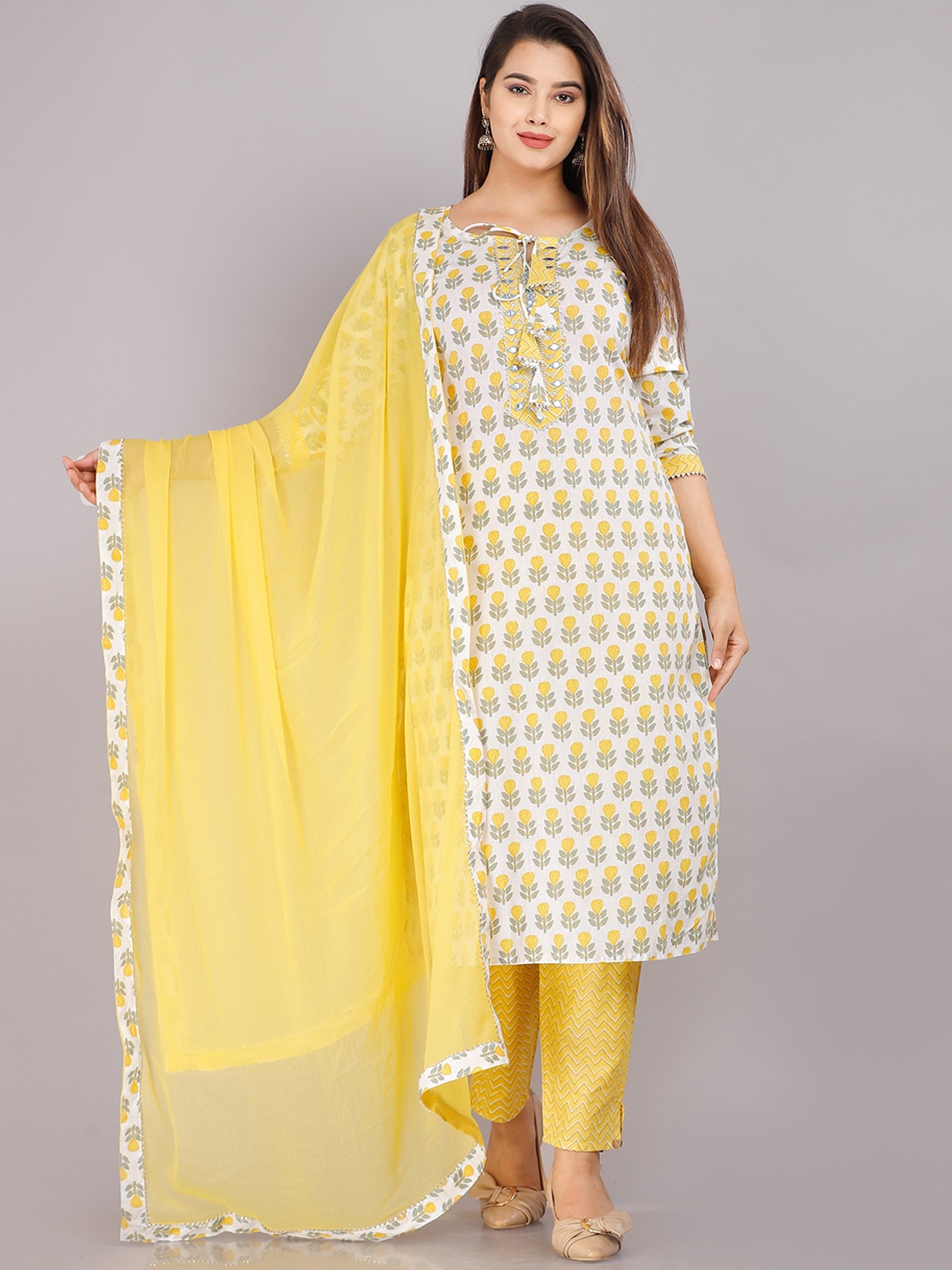 

KALINI Women Yellow Ethnic Motifs Printed Pure Cotton Kurta with Trousers & With Dupatta