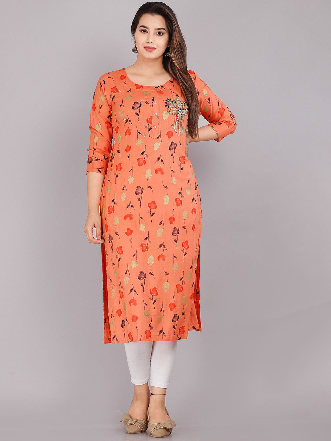 

KALINI Women Peach-Coloured Floral Printed Kurta
