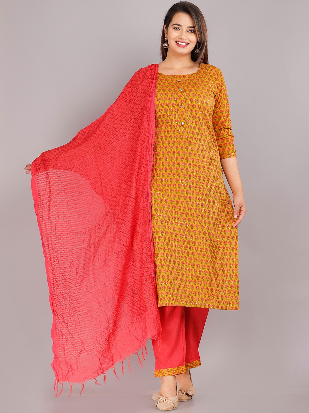 

KALINI Women Mustard Yellow Ethnic Printed Pure Cotton Kurta with Trousers & Dupatta