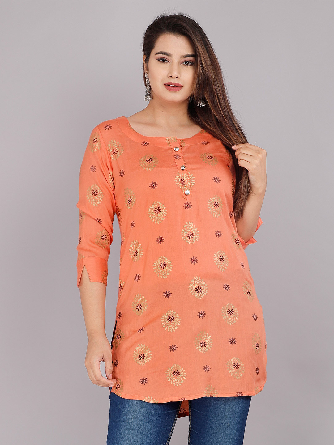 

KALINI Women Peach-Coloured Printed Longline Top