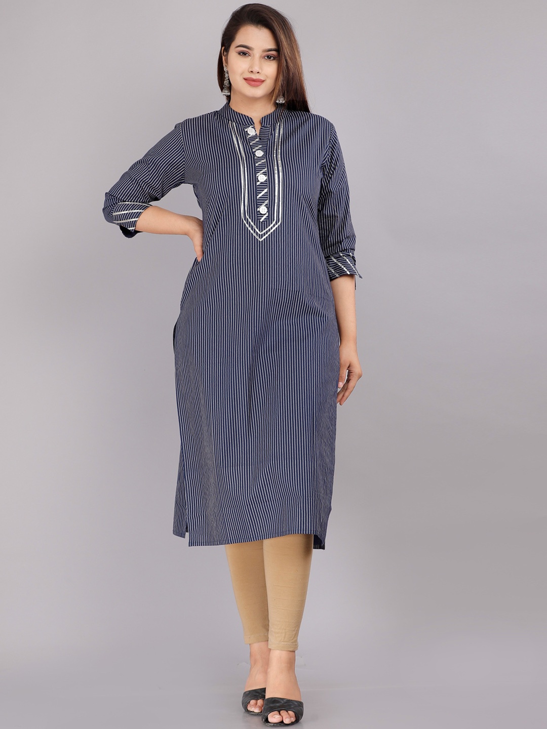 

KALINI Women Navy Blue Mandarin Collar Cotton Striped Kurta