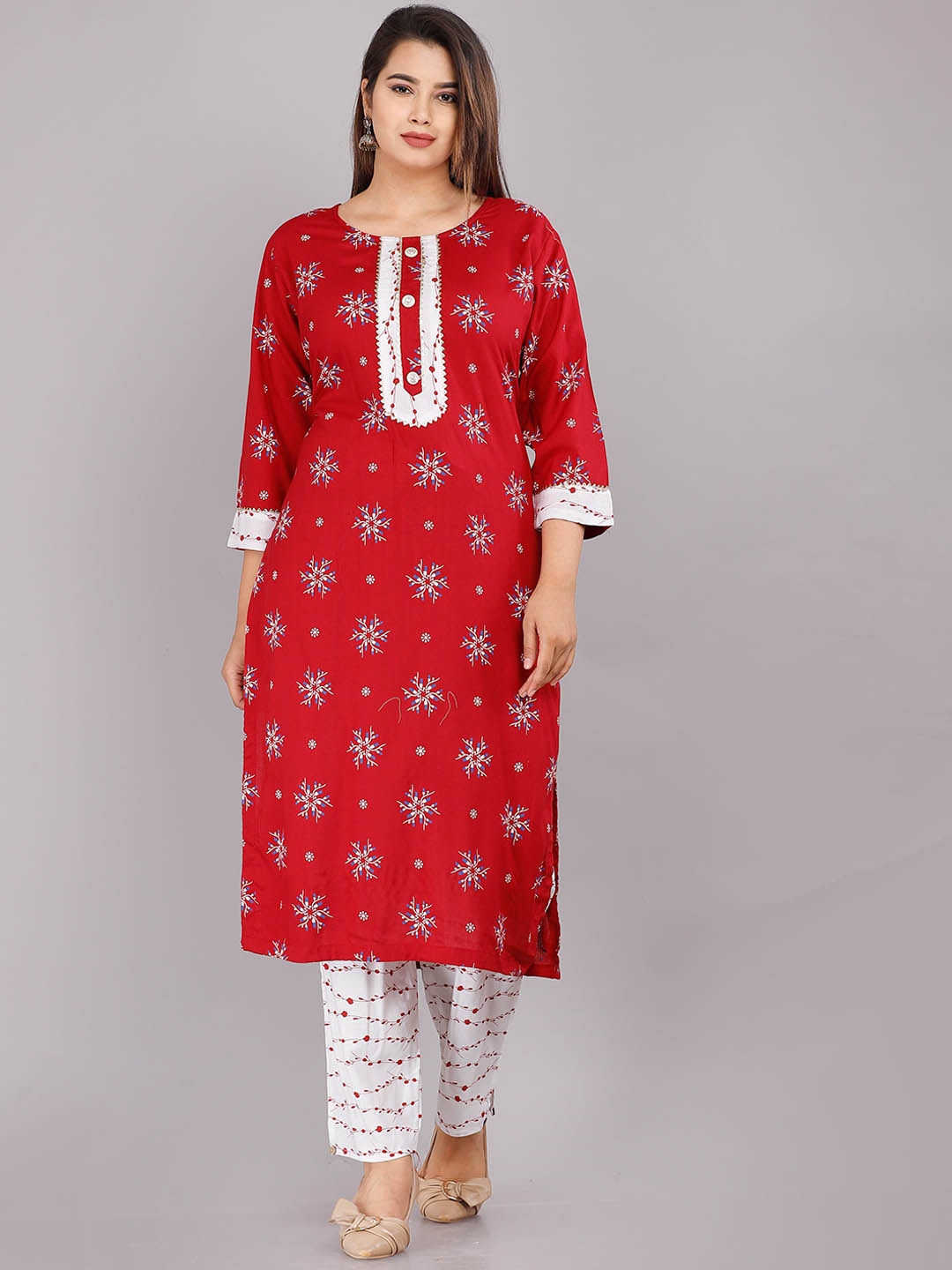 

KALINI Women Maroon and White Floral Printed Viscose Rayon Kurta with Trouser