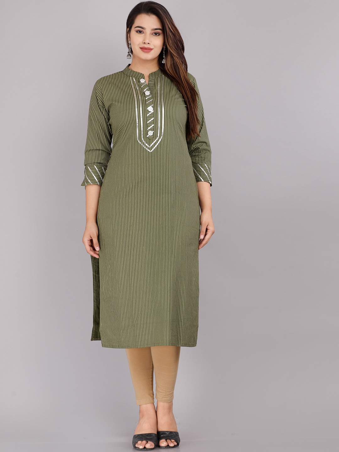 

KALINI Women Green Striped Cotton Thread Work Kurta