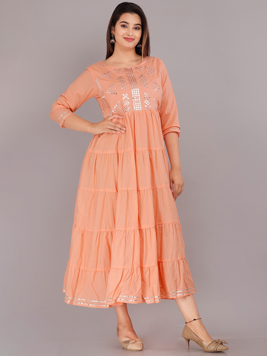 KALINI Women Peach & Silver Embellished Mirror Work Anarkali Kurta