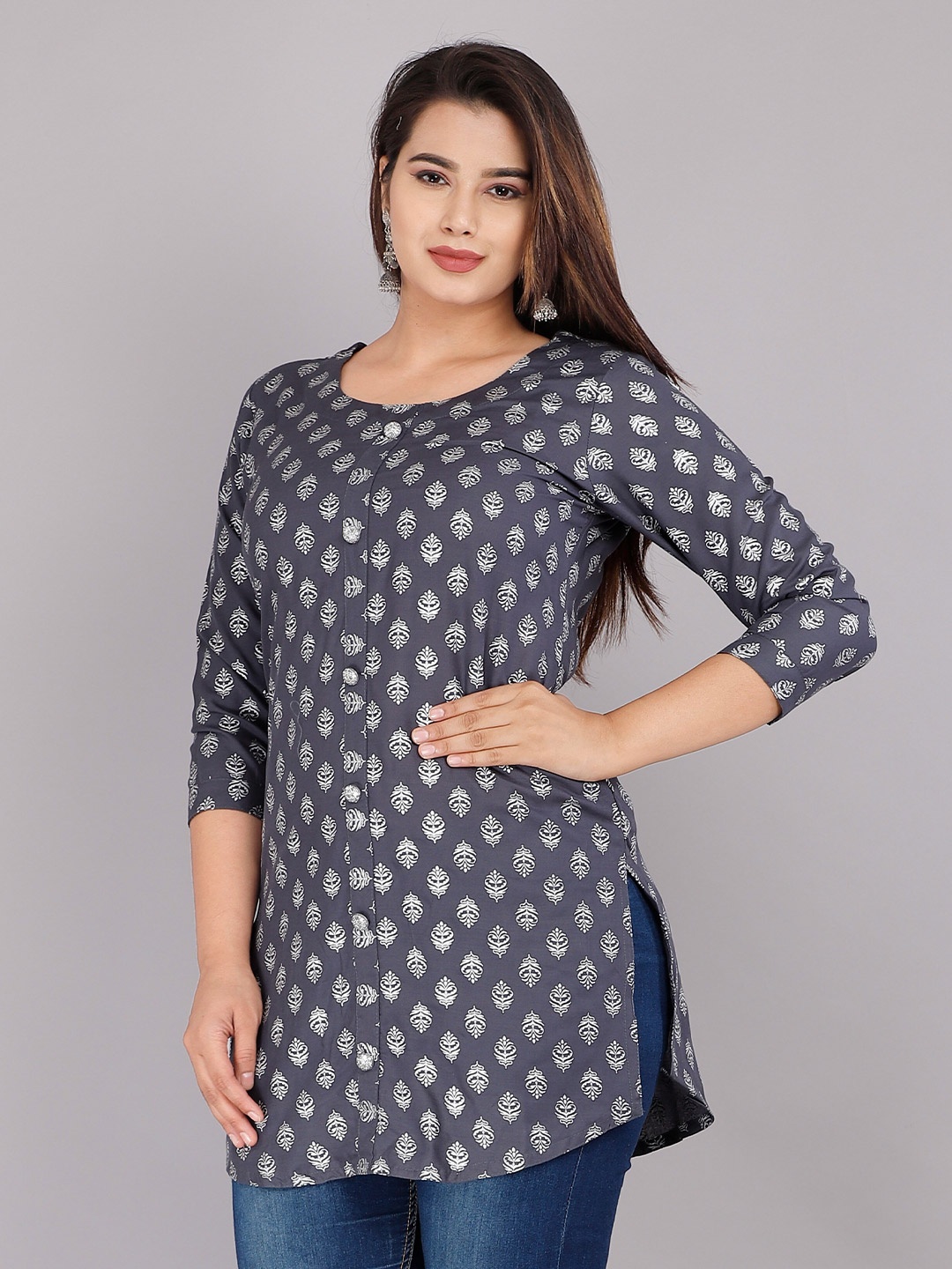 KALINI Women Grey Print Viscose Rayon Longline Top