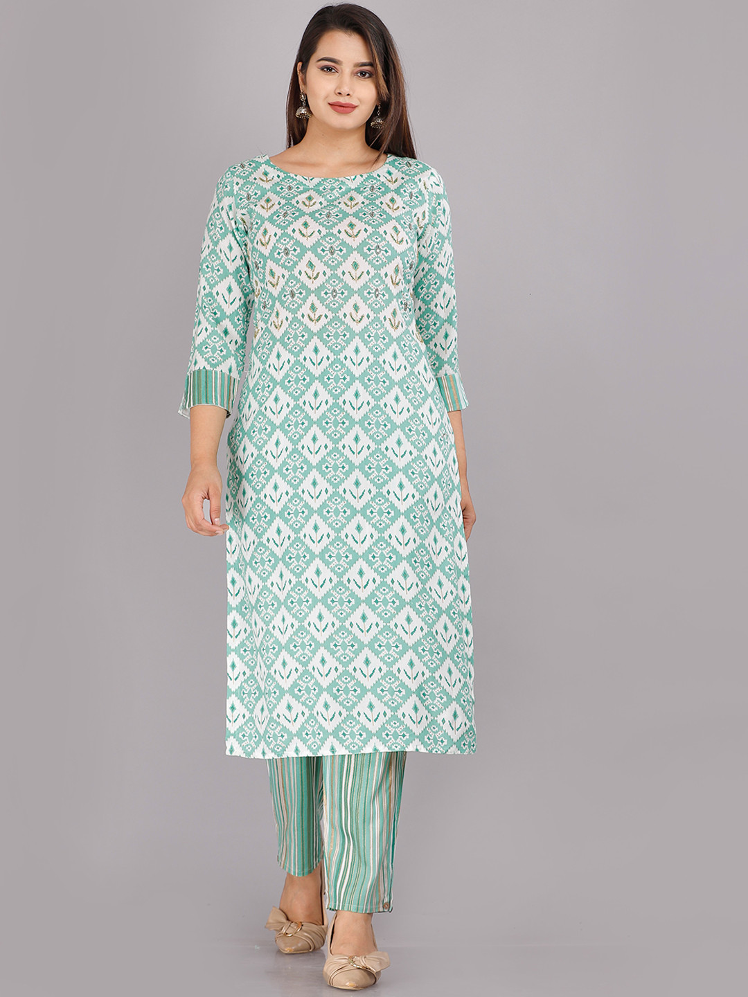 

KALINI Women Green Printed Viscose Rayon Round Neck Kurta with Trousers