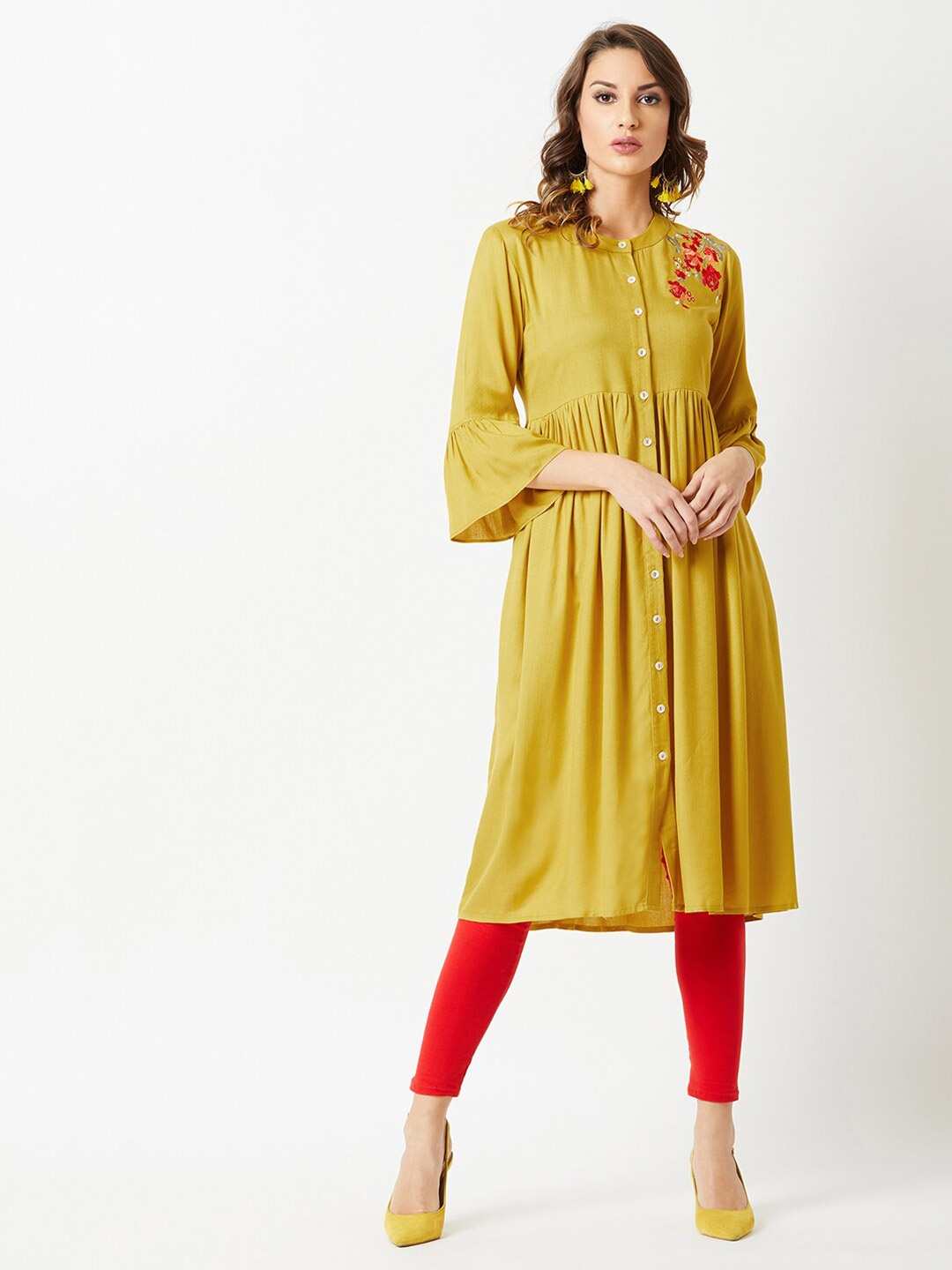 

Miss Chase Mustard Yellow & Red Embroidered Shirt Dress