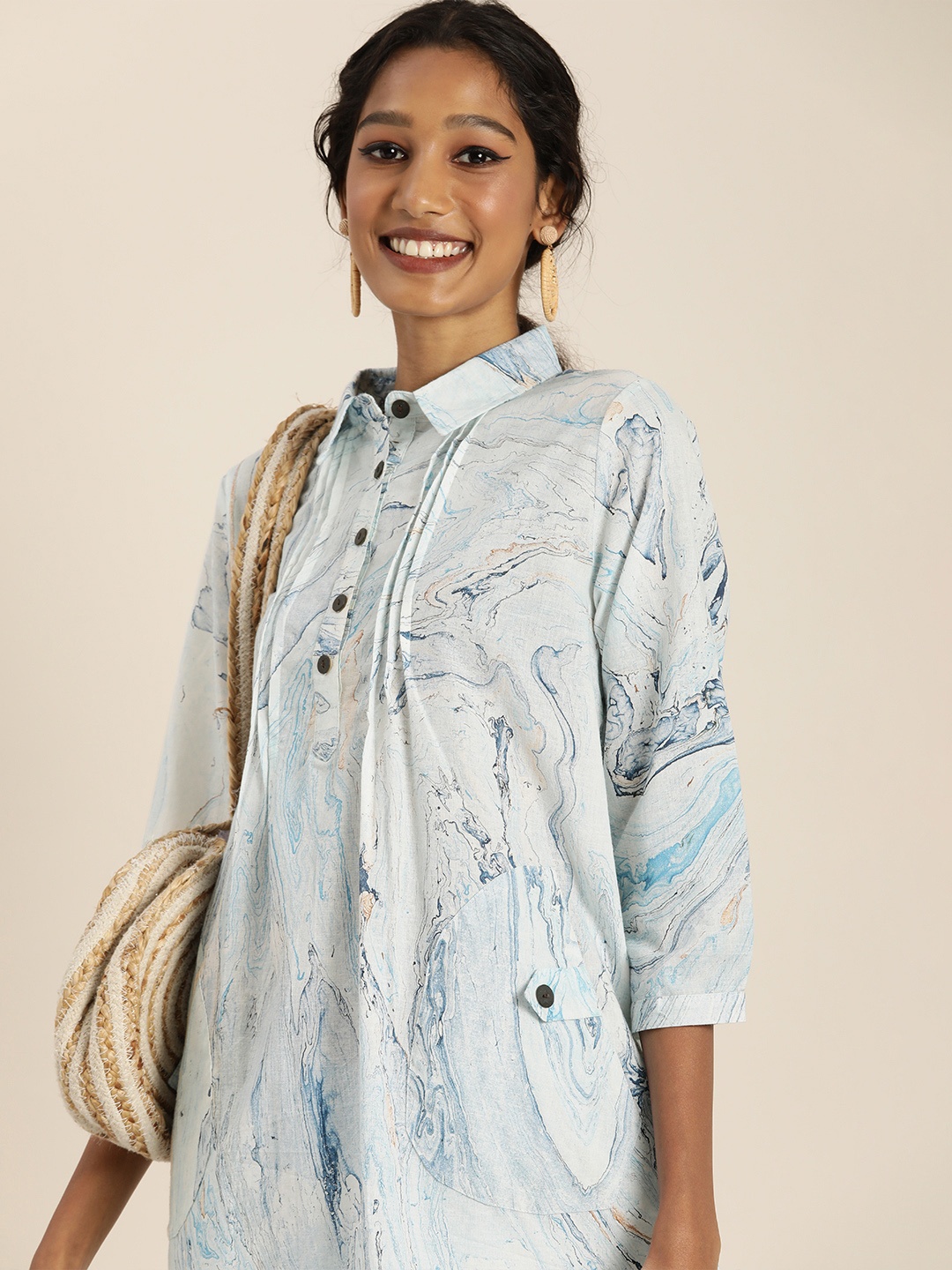 

Taavi Blue & Olive Green Pure Cotton Tie and Dye Print Shirt Style Top