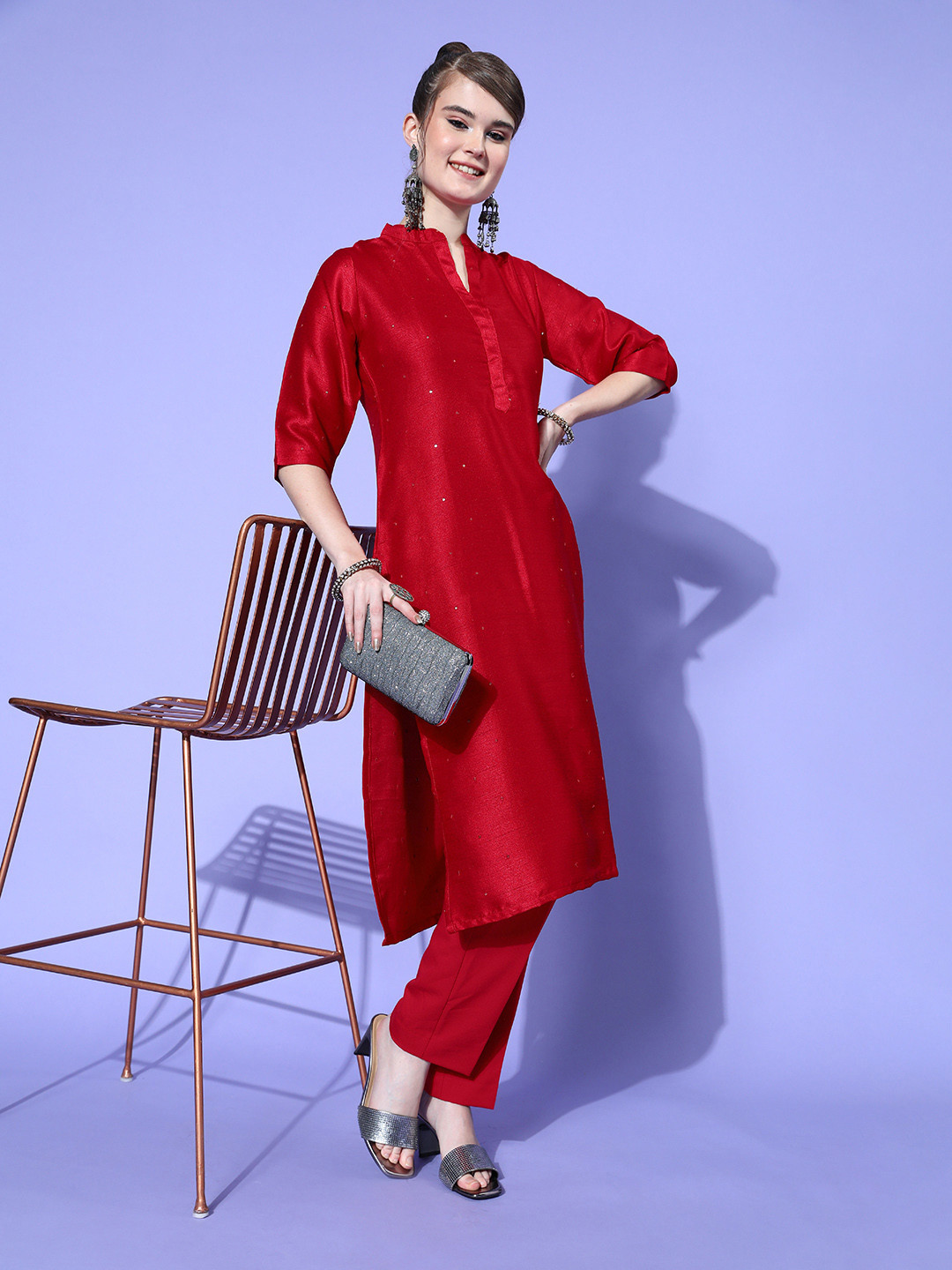 

Tikhi Imli Women Red Art Silk Bling it On Kurta