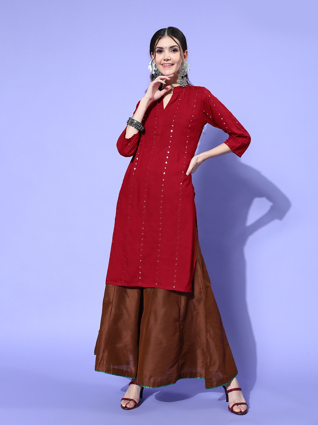 

Tikhi Imli Women Red Viscose Rayon Mirror Work Kurta