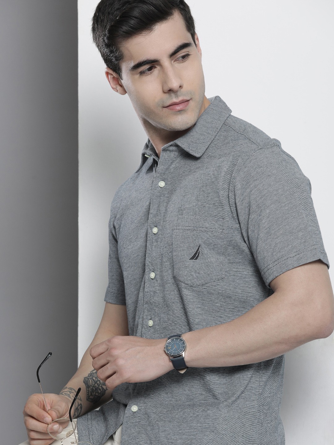 

Nautica Men Solid Knitted Casual Shirt, Grey