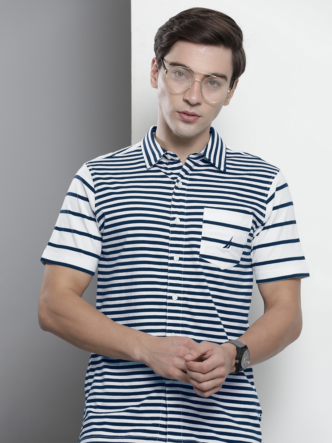 

Nautica Men White & Navy Blue Striped Casual Shirt