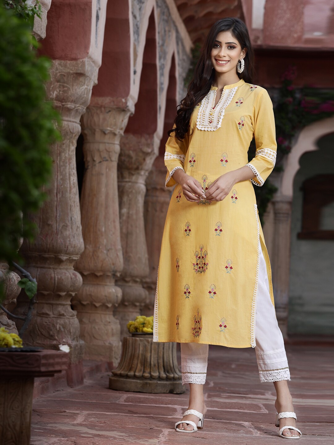 

Juniper Women Yellow & White Floral Embroidered Lace Frills Bows and Ruffles Kurta