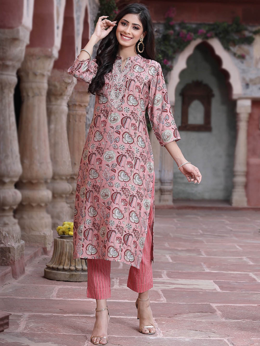 

Juniper Women Pink Ethnic Motifs Printed Mirror Work Kurta with Palazzos