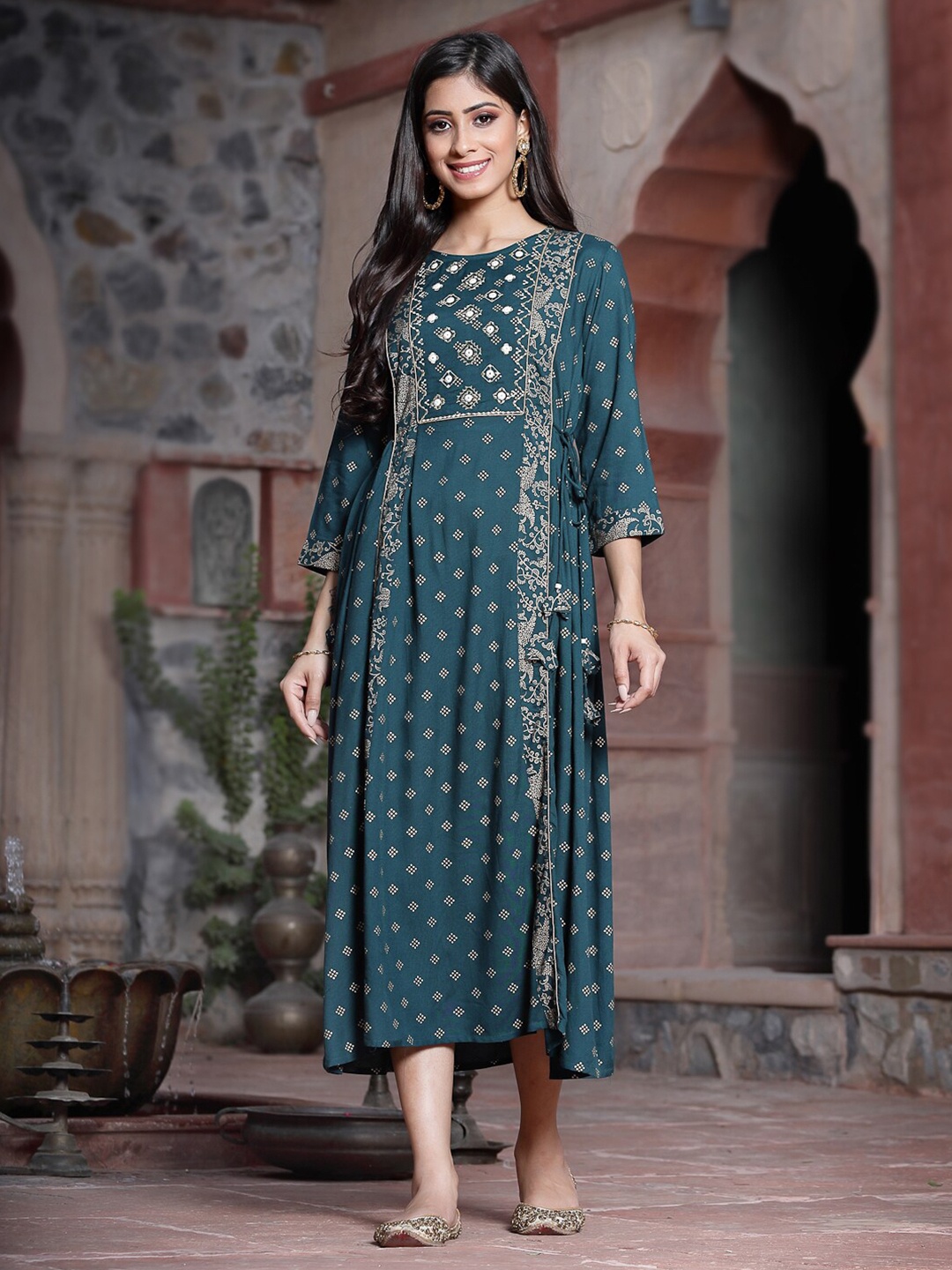 

Juniper Women Bottle Green Ethnic Motifs Printed A-Line Flared Dress