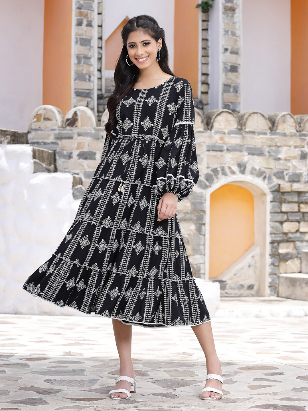 

Juniper Black Ethnic Motifs A-Line Midi Dress