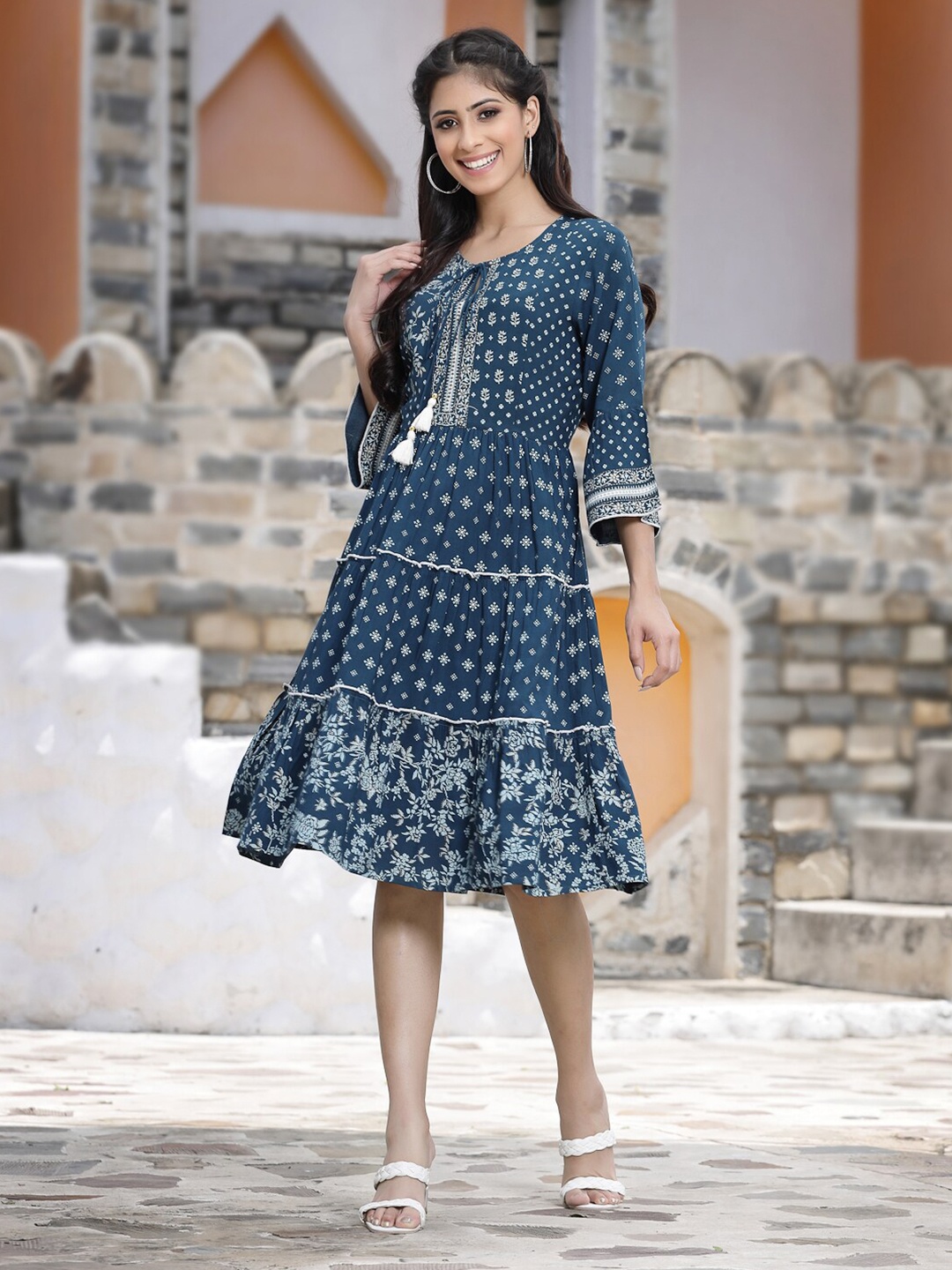 

Juniper Women Blue Floral Ethnic Dress