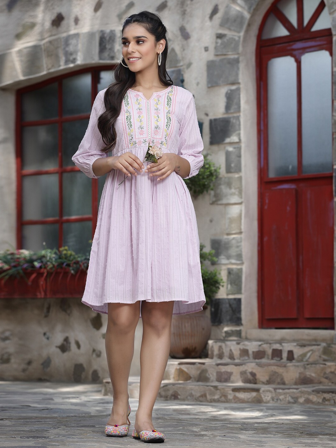 

Juniper Lavender Women Floral Striped Ethnic A-Line Dress