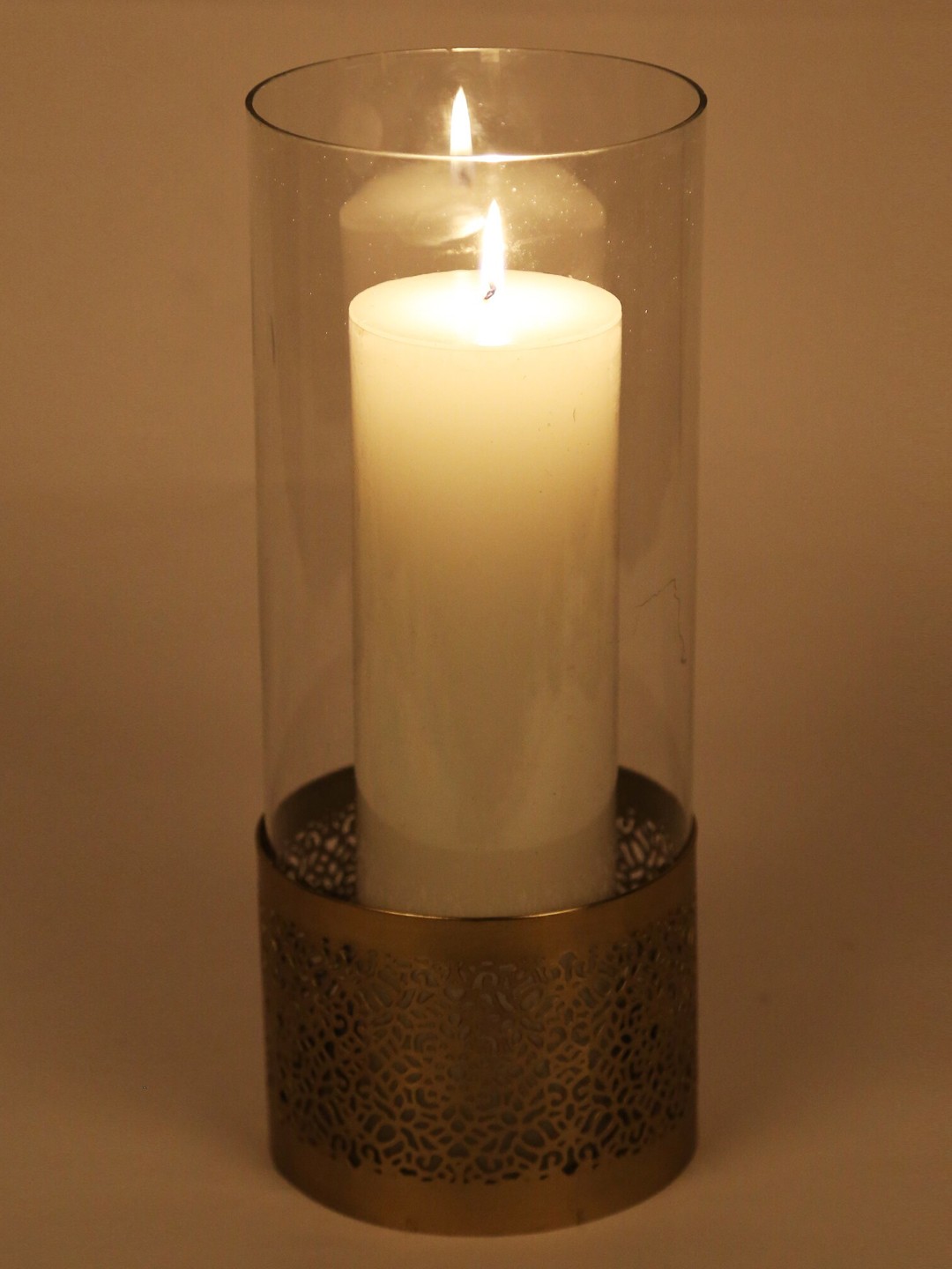 

HomeTown Gold-Toned Metal And Glass Pillar Candle Holder