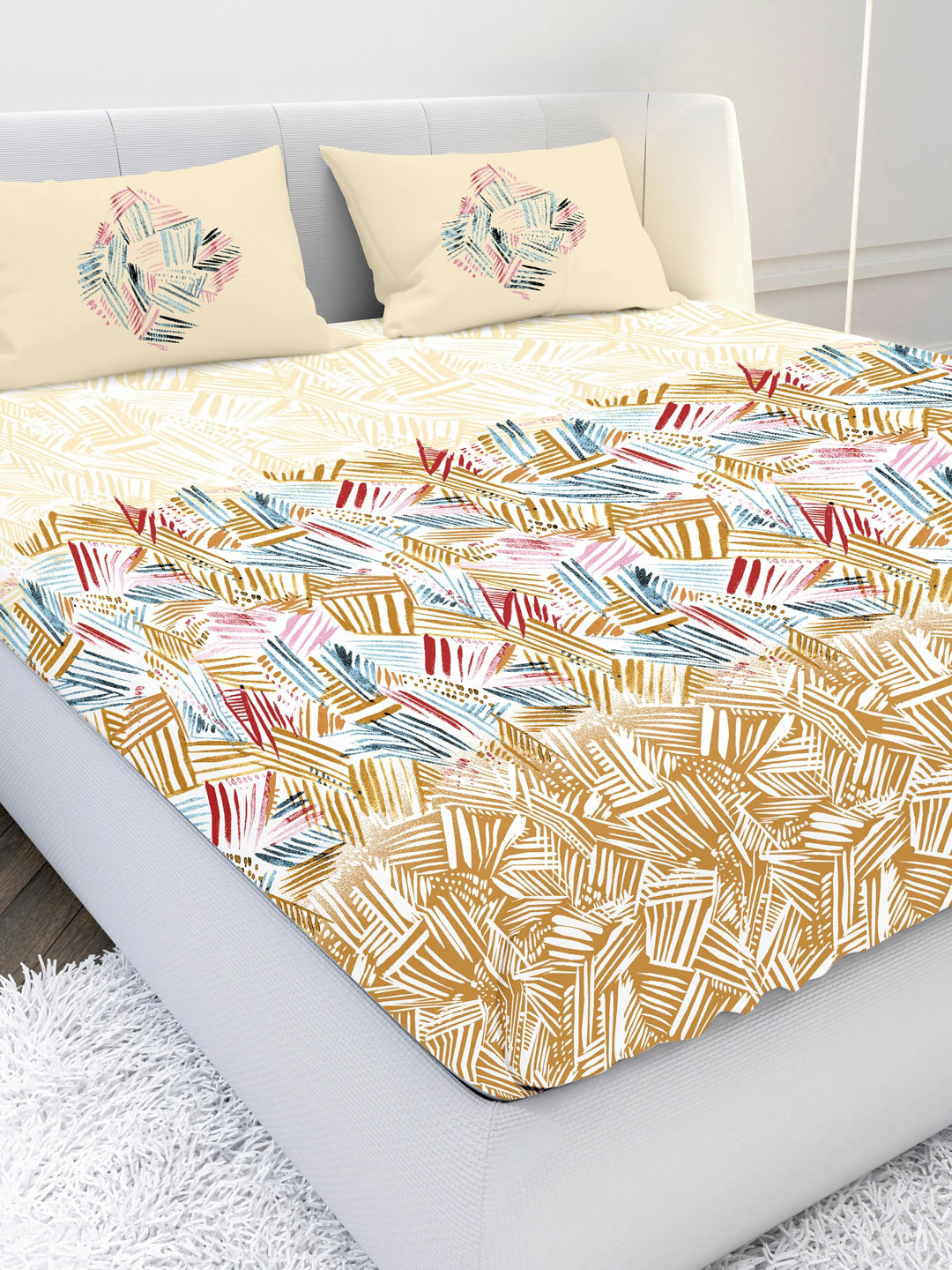 

MAYFAIR HOMES LONDON Yellow & Brown Printed 210 TC King Bedsheet With Pillow Covers