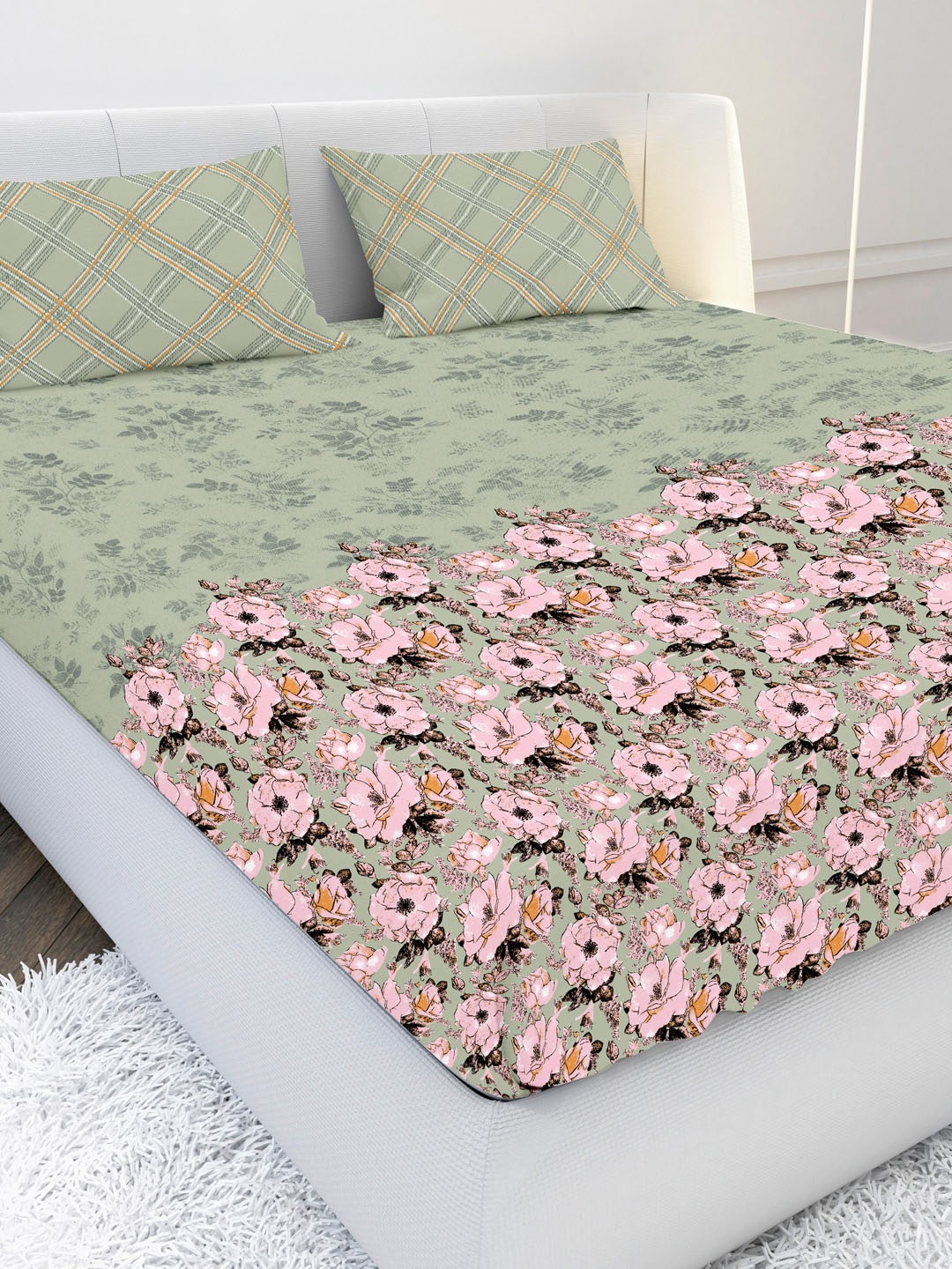 

MAYFAIR HOMES LONDON Green & Pink Floral 210 TC King Bedsheet with 2 Pillow Covers