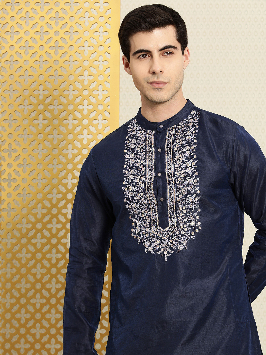 

House of Pataudi Yoke Design Sequinned Indigo Jashn Kurta, Navy blue