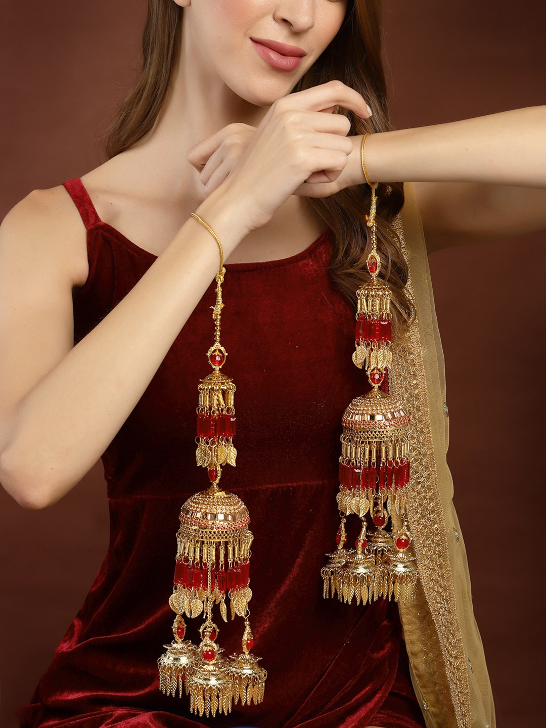 

PANASH Pak Of 2 Gold-Plated & White Stone Studded & Red Beaded Bridal Layered Kaleeras