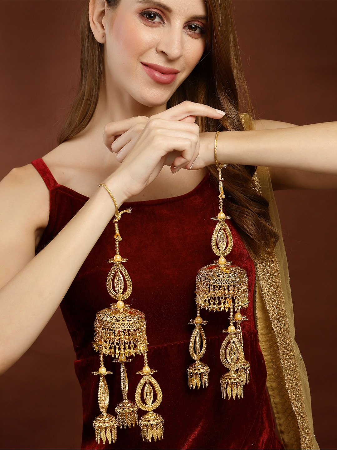 

PANASH Pack Of 2 Women Gold Plated & White Beaded Bridal Layered Kaleeras
