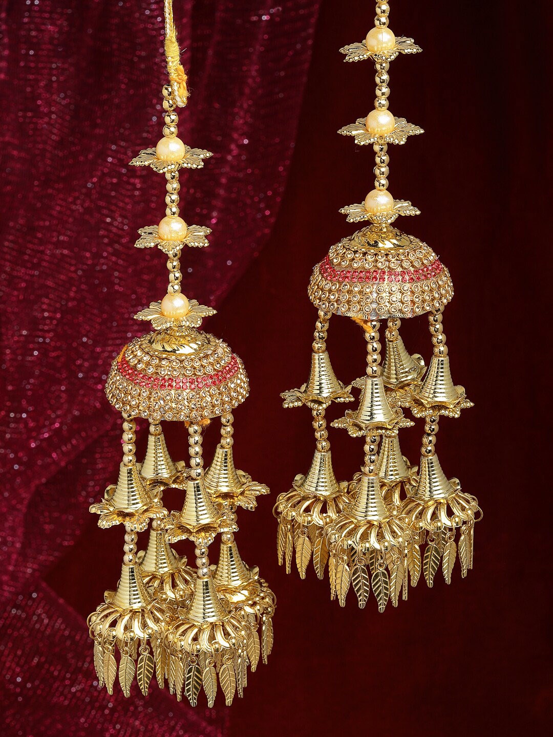 

PANASH Pack Of 2 Gold-Plated Pink & Gold-Colored Stone-Studded Leaf-Shaped Bridal Kaleera