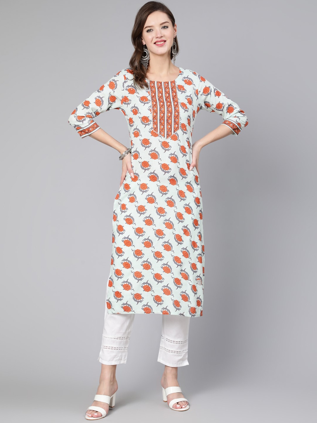 

THE NKS PLUS Women Sea Green & Orange Floral Printed Gotta Patti Cotton Kurta