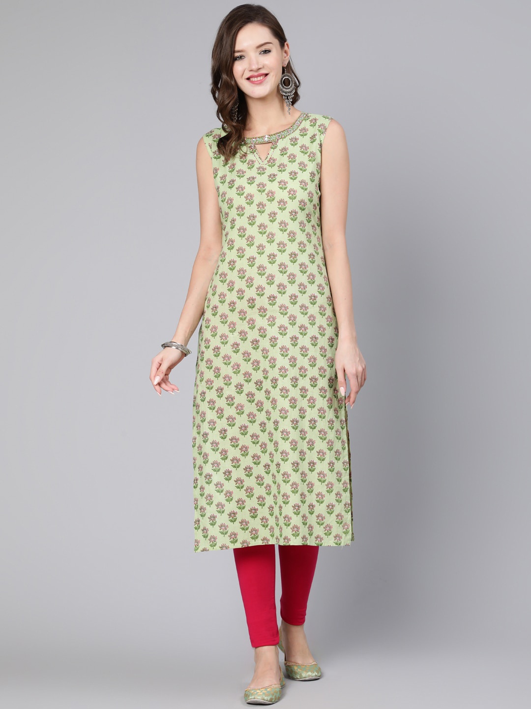 

THE NKS PLUS Women Green Ethnic Motifs Printed Keyhole Neck Sequined Kurta