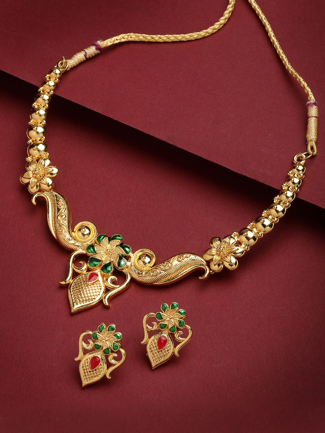 

PANASH Gold-Plated & Stone-Studded Beaded Handcrafted Jewellery Set