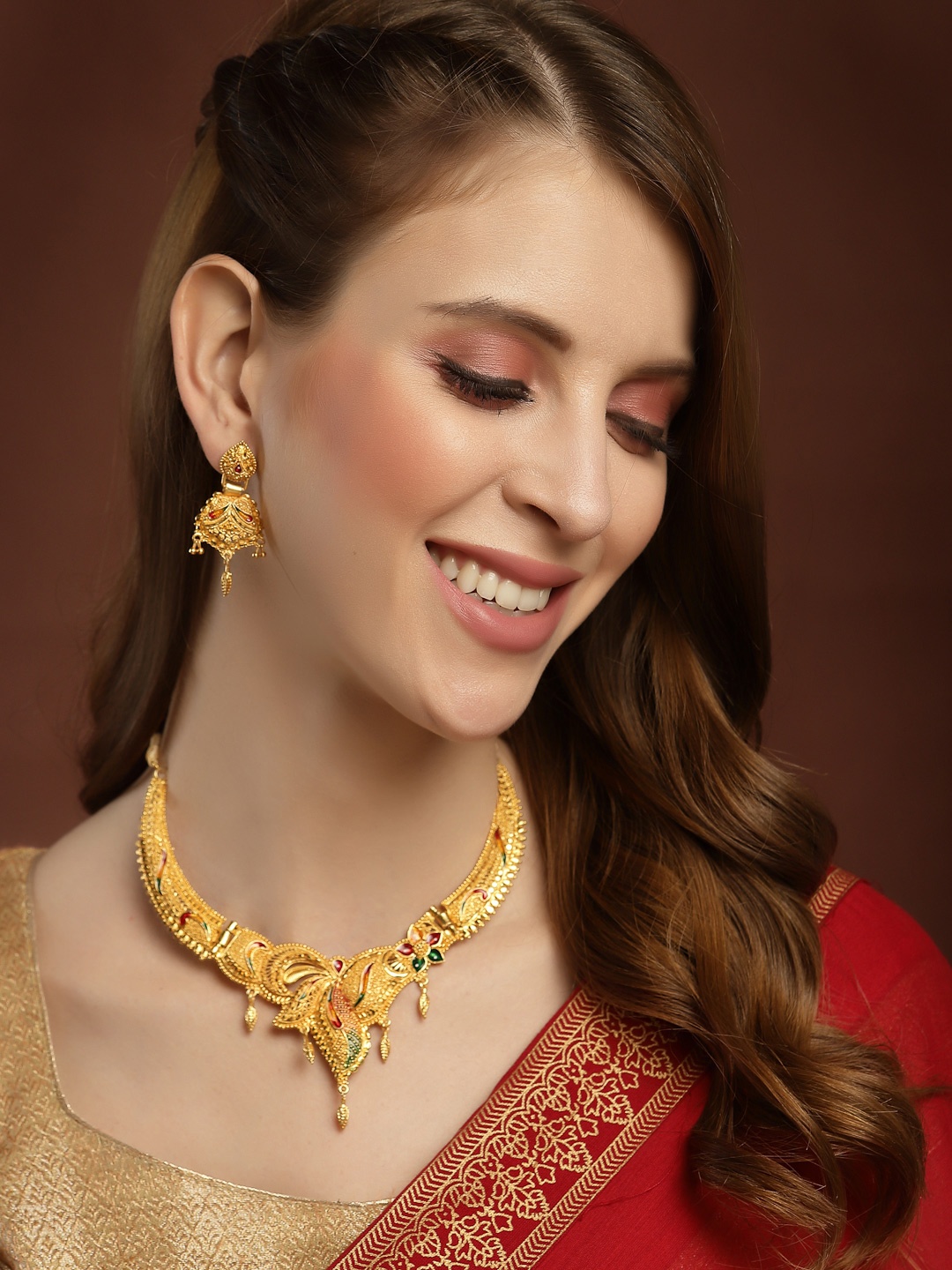 

PANASH Gold-Plated Red & Green Stones-Studded & Beaded Jewellery Set