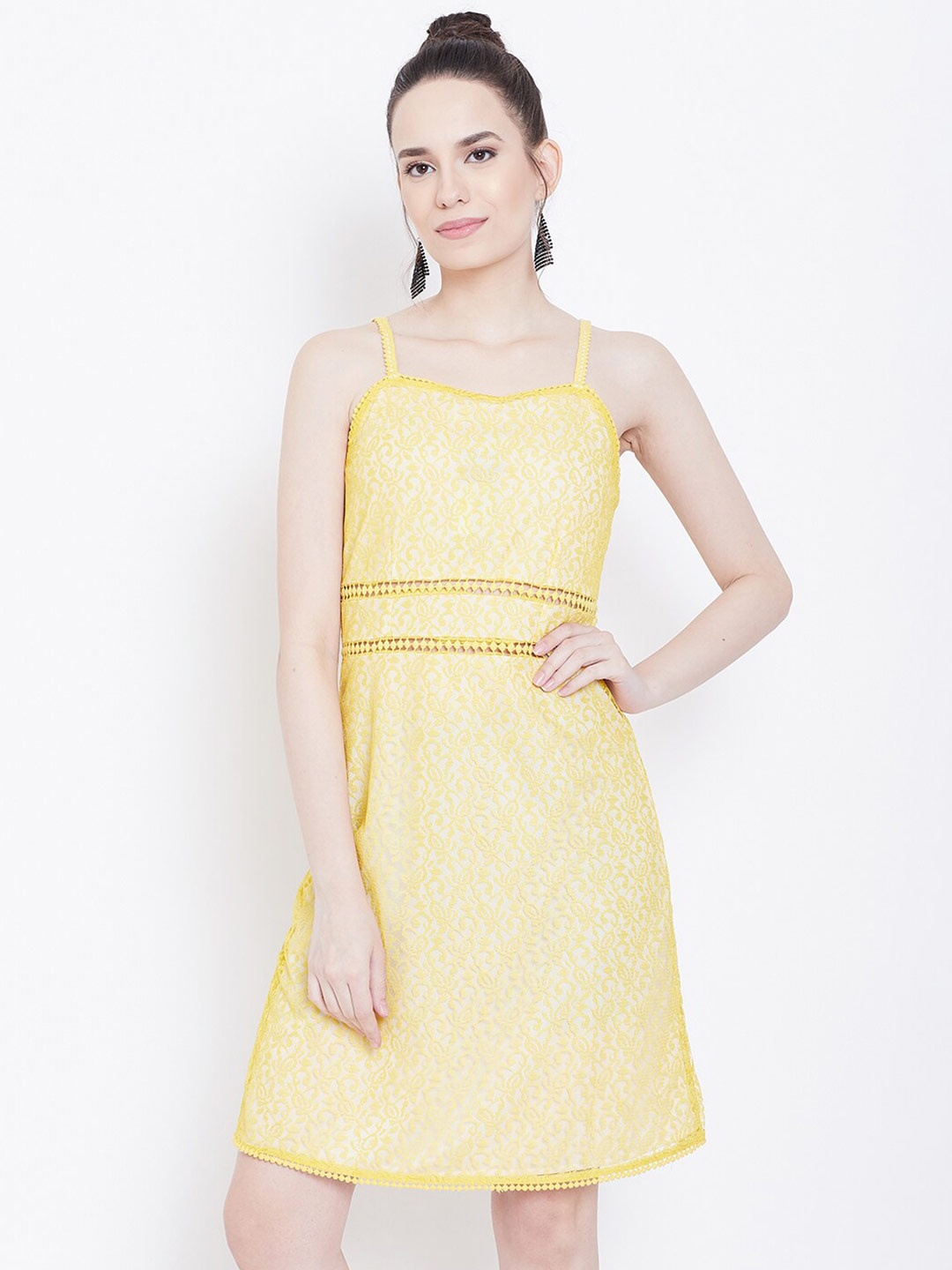 

DODO & MOA Women Yellow Floral Net A-Line Dress