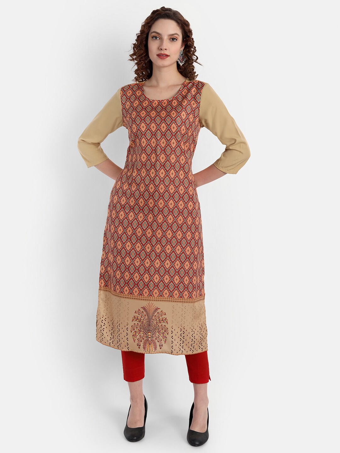 

soan Women Beige & Maroon Floral Printed Crepe Kurta