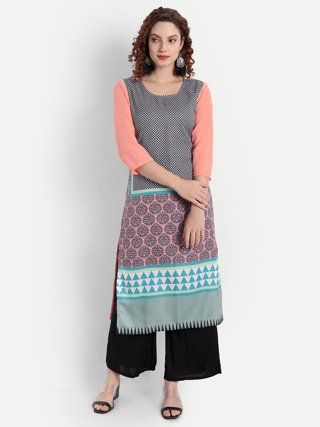 

soan Women Peach-Coloured & Grey Floral Printed Crepe Kurta