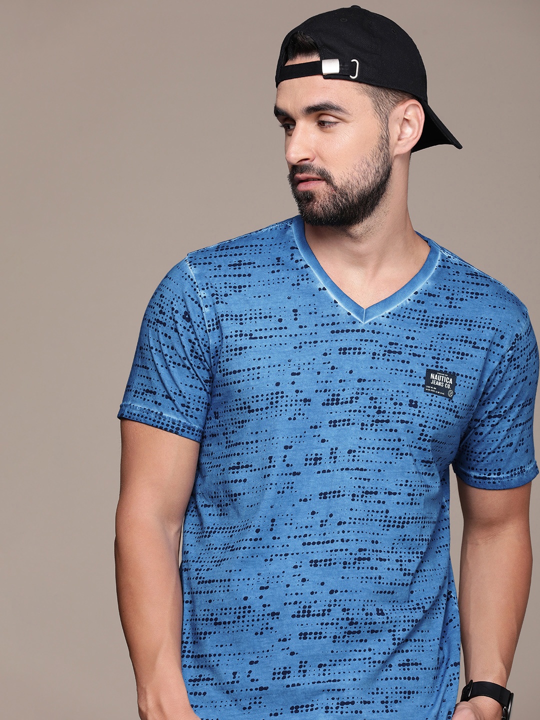 

Nautica Men Abstract Print V-Neck Pure Cotton Applique T-shirt, Blue