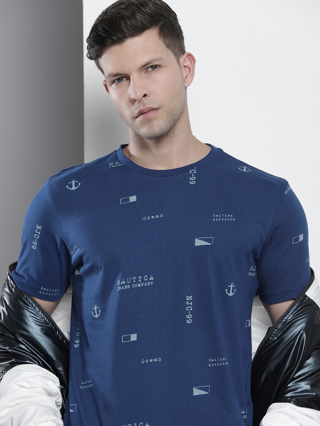 

Nautica Men Brand Logo & Typography Print Pure Cotton T-shirt, Navy blue