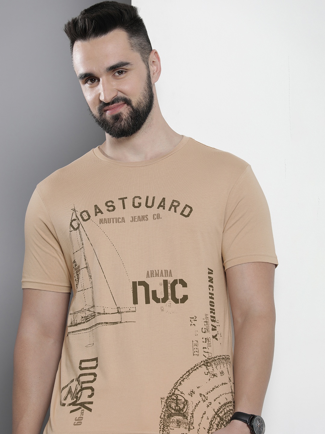 

Nautica Men Pure Cotton Nautical & Typography Printed T-shirt, Beige