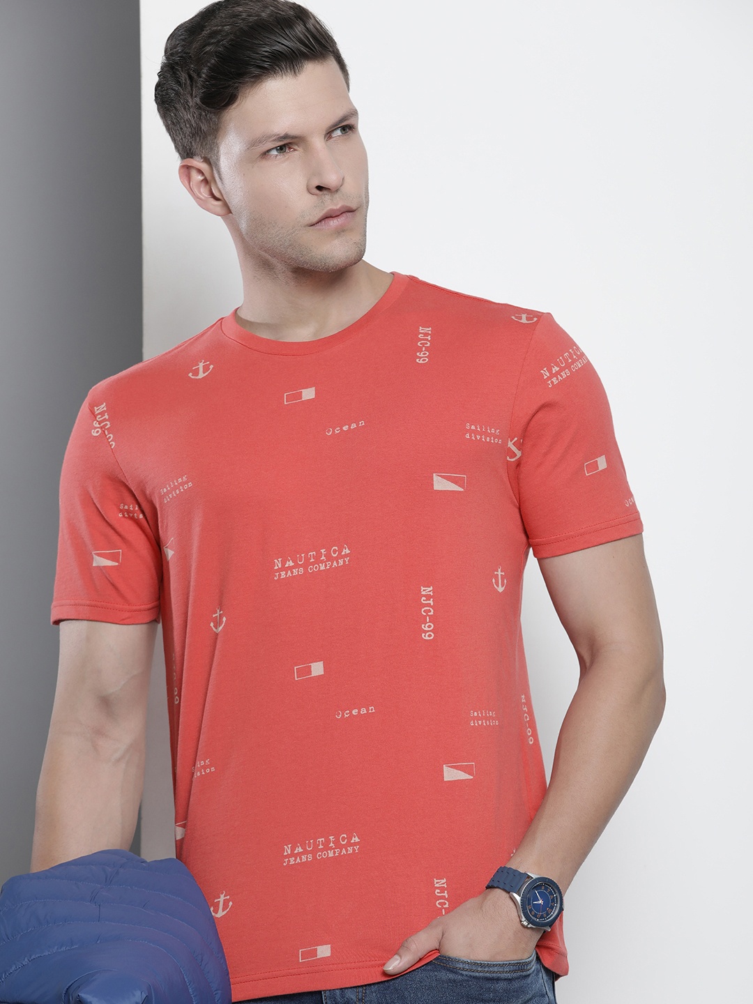 

Nautica Men Brand Logo & Typography Print Pure Cotton T-shirt, Coral