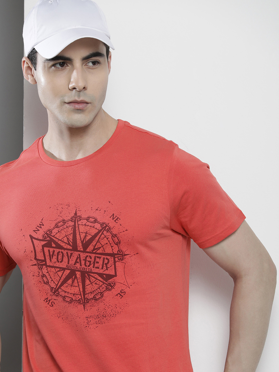

Nautica Men Pure Cotton Nautical Printed Round Neck T-shirt, Coral