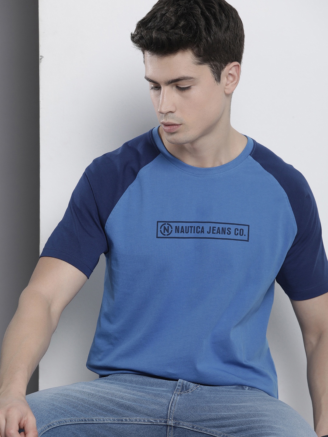

Nautica Men Pure Cotton Brand Logo Printed T-shirt With Contrast Sleeves, Blue