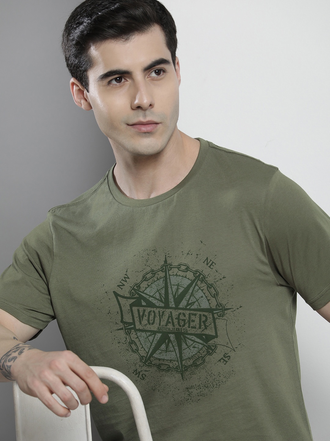 

Nautica Men Pure Cotton Nautical Printed Round Neck T-shirt, Olive