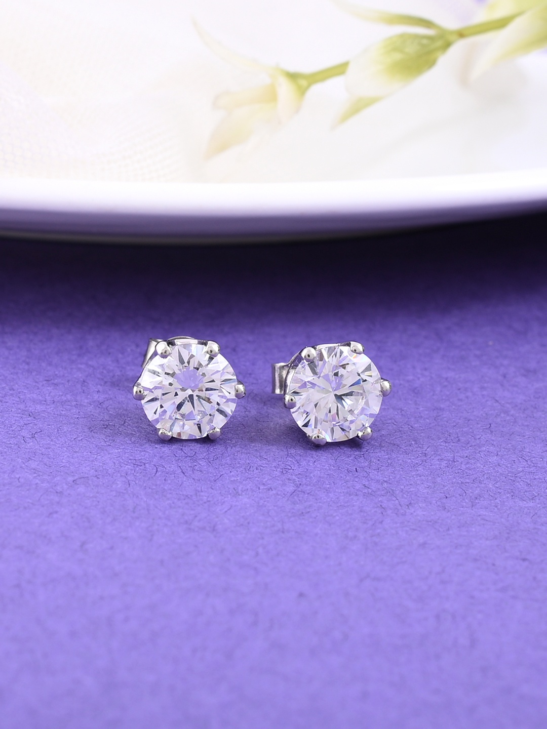 

Studio Voylla 925 Sterling Silver American Diamond Stone Embedded Stud Earrings