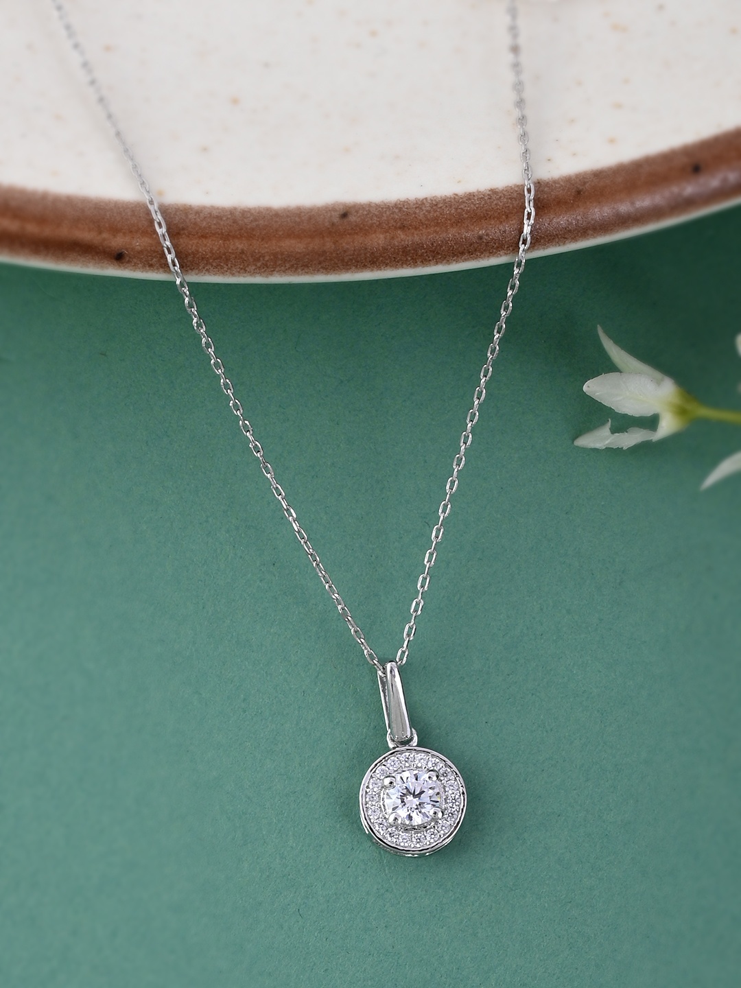 

Studio Voylla 925 Sterling Silver American Diamond CZ Dancing Crystal Round Pendant Necklace