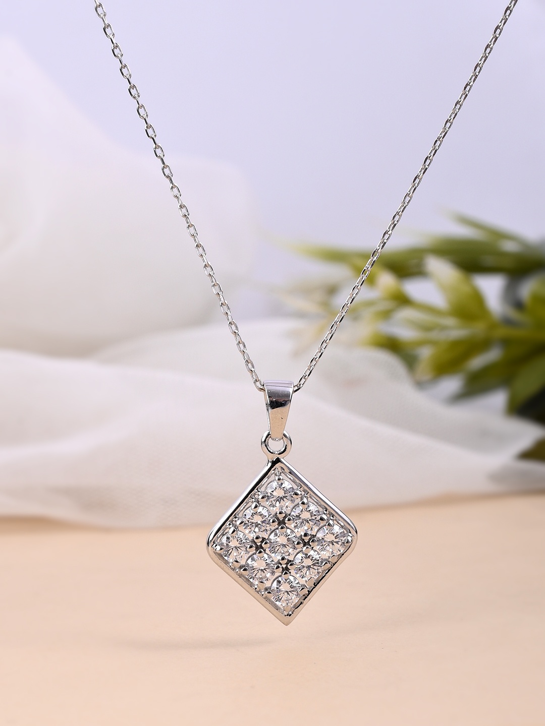 

Studio Voylla 925 Sterling Silver American Diamond CZ Exquisite Rhombus Shape Carved Pendant