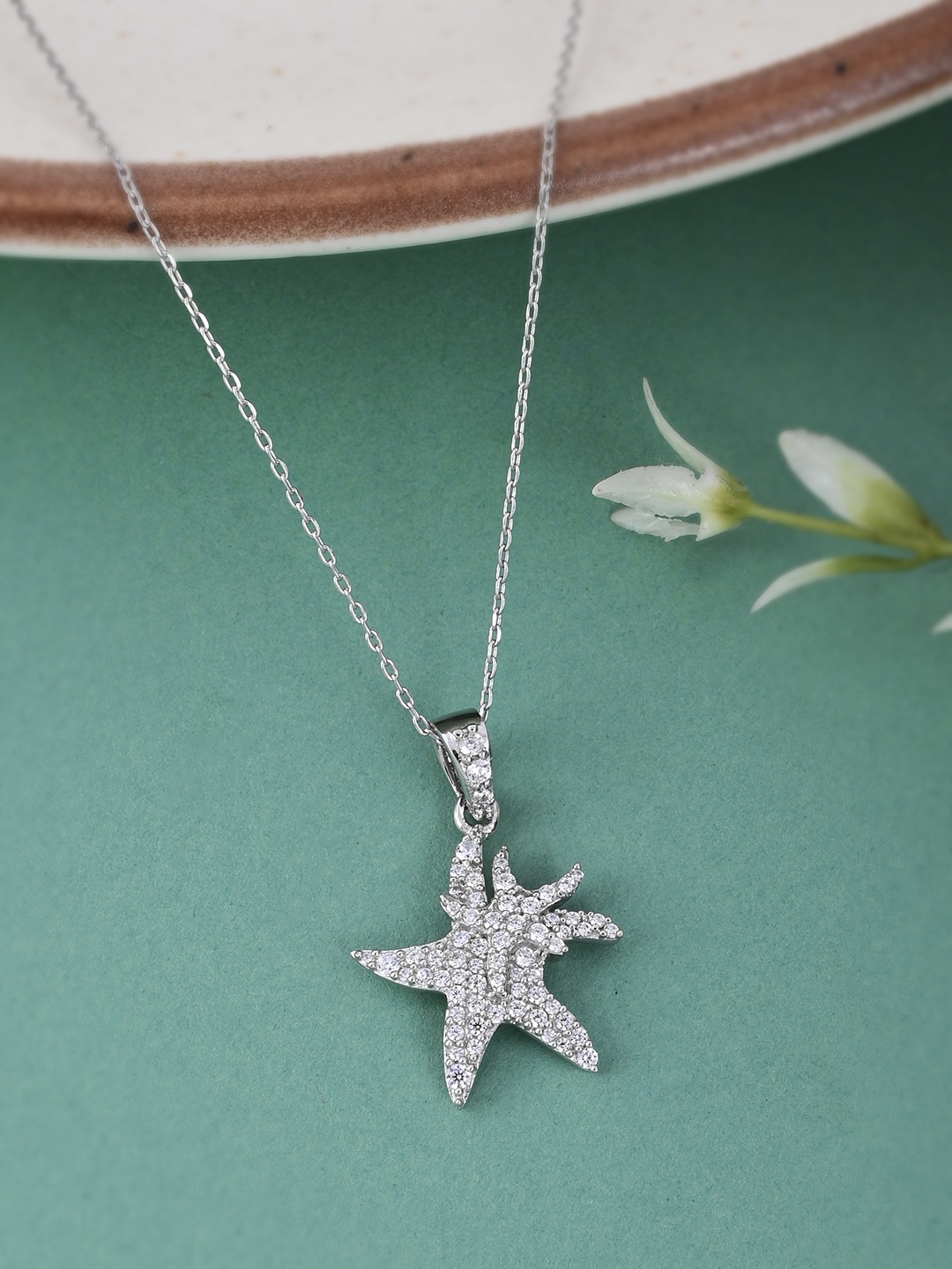 

Studio Voylla 925 Sterling Silver American Diamond CZ Star Design Elegant Pendant with Chain