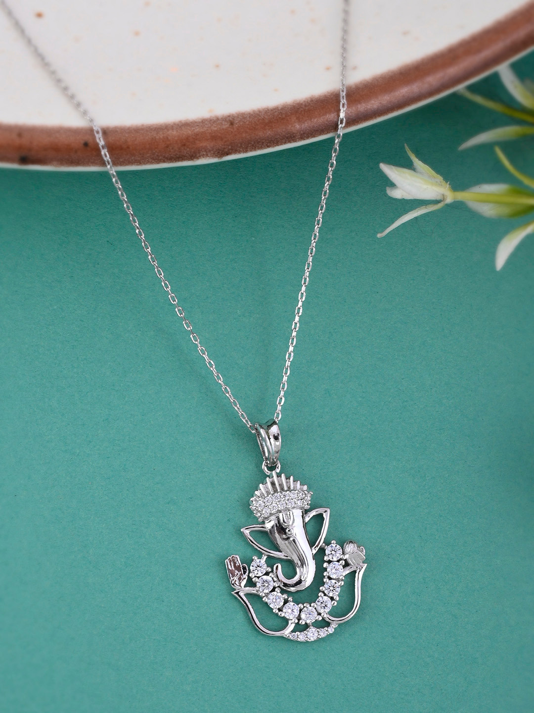 

Studio Voylla 925 Sterling Silver American Diamond CZ Exquisite Ganesh Pendant